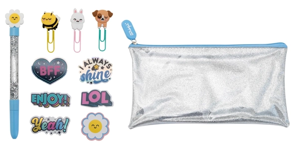 set estuche Mr. Wonderful + boli + clips + pegatinas glitter “Write your own destiny” oferta