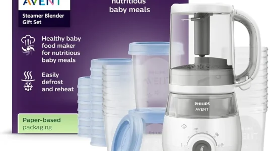 Set de regalo Philips Avent: batidora con vaporera 4 en 1 para bebés, incluye vasos y tapas