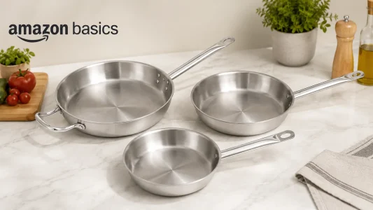 3 sartenes Amazon Basics de acero inoxidable y aluminio