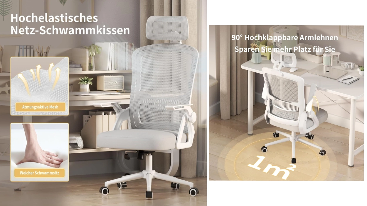 silla de oficina ergonómica con respaldo de malla, reposacabezas y soporte lumbar