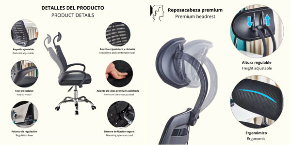 Silla de oficina LUTODY con reposacabeza ajustable