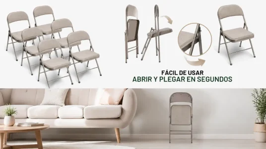 Juego de 6 sillas plegables BULAGE para jardín, hasta 158 kg, con cojín de tela caqui, ideales para interior y exterior