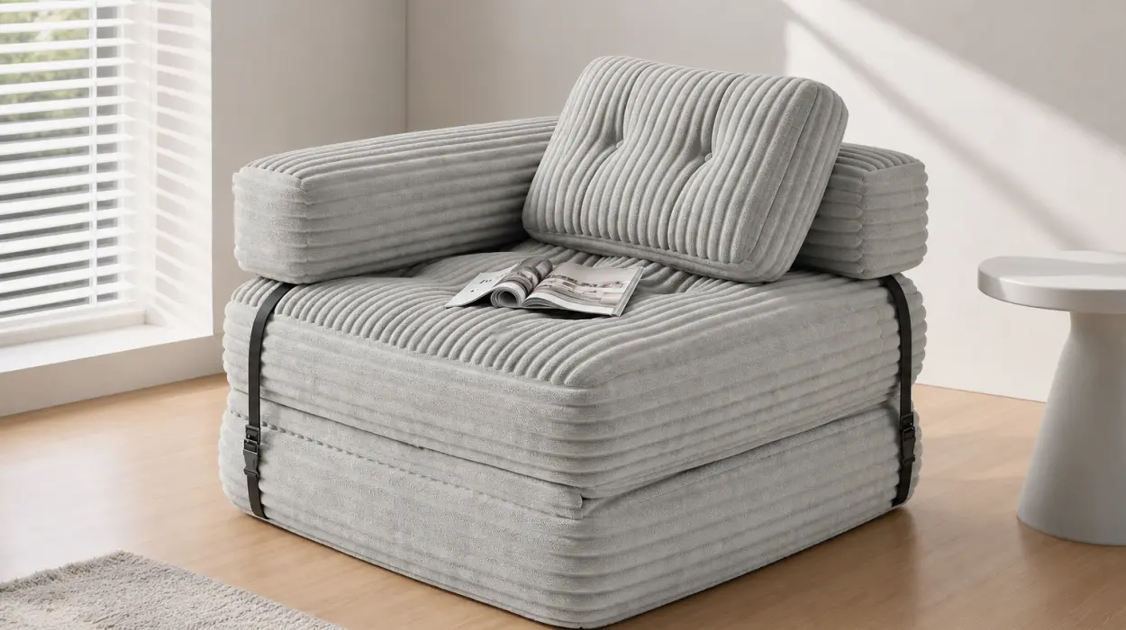 Sofá cama plegable Xbro con reposabrazos en L y formato compacto