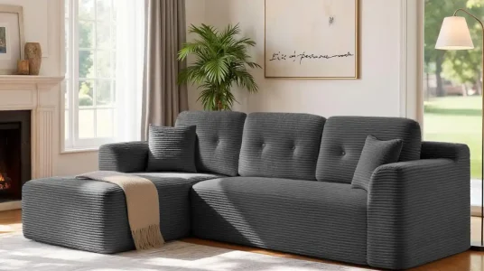 VASAGLE Sofá Esquinero con gran chaise longue a la izquierda de 244 cm, fácil de montar y en color gris pizarra
