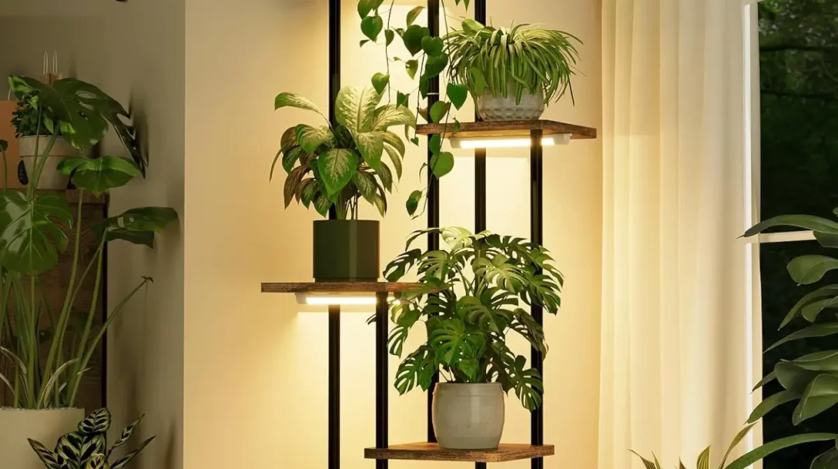 Soporte alto para plantas de Bamworld con luz de crecimiento y diseño esquinero de 5 niveles en metal y madera