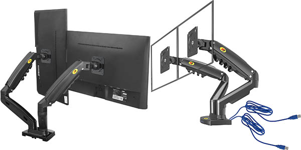 Soporte de 2 monitores con resorte a gas Ergosolid con 2x USB