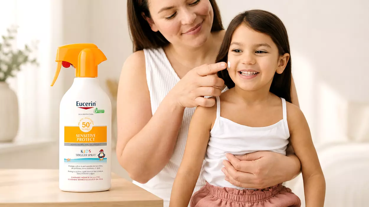 Spray protector solar Eucerin Sun Kids Sensitive Protect FPS50+ resistente al agua para niños