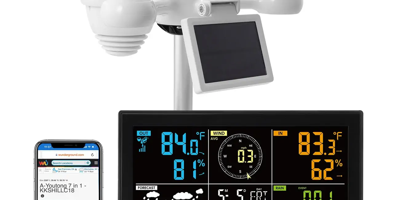 SucceBuy Estación meteorológica Wi-Fi 7 en 1 Pantalla a color de 7,5 pulgadas + alertas de alarma con sensor solar inalámbrico para exteriores para temperatura y humedad