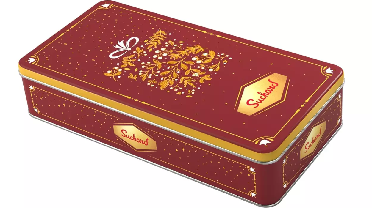 Suchard Lata Metálica de Diseño Navideño con 2 Tabletas de Turrón de Chocolate