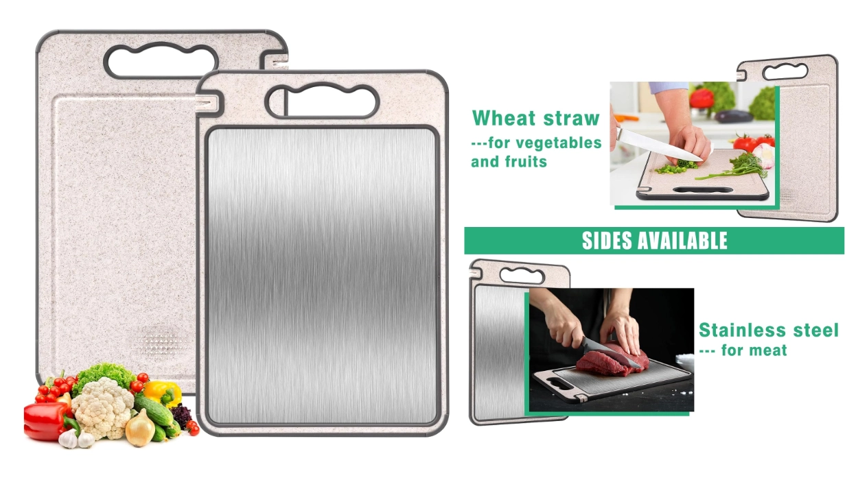 tabla de cortar de doble cara (acero inoxidable y paja de trigo)