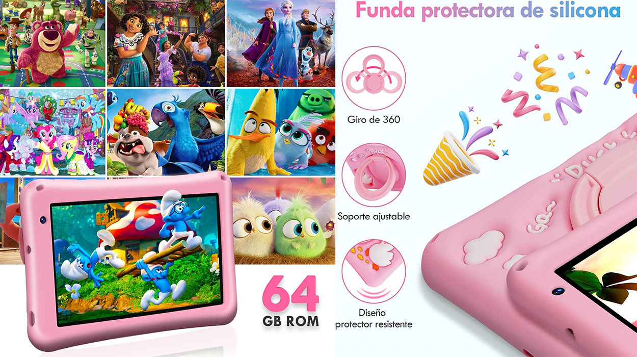 Tablet infantil Bisaikasow con Android 13 y funda de silicona rosa barata