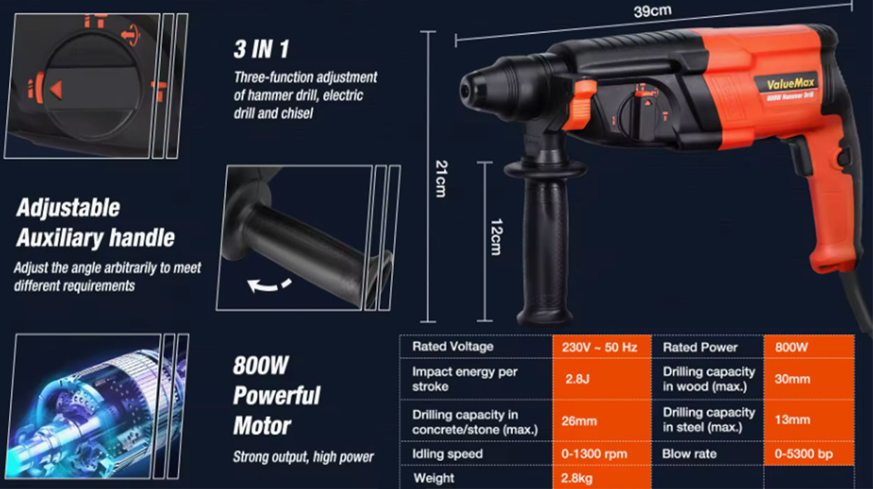 Taladro eléctrico 3 en 1 ValueMax de 800 W con maletín barato