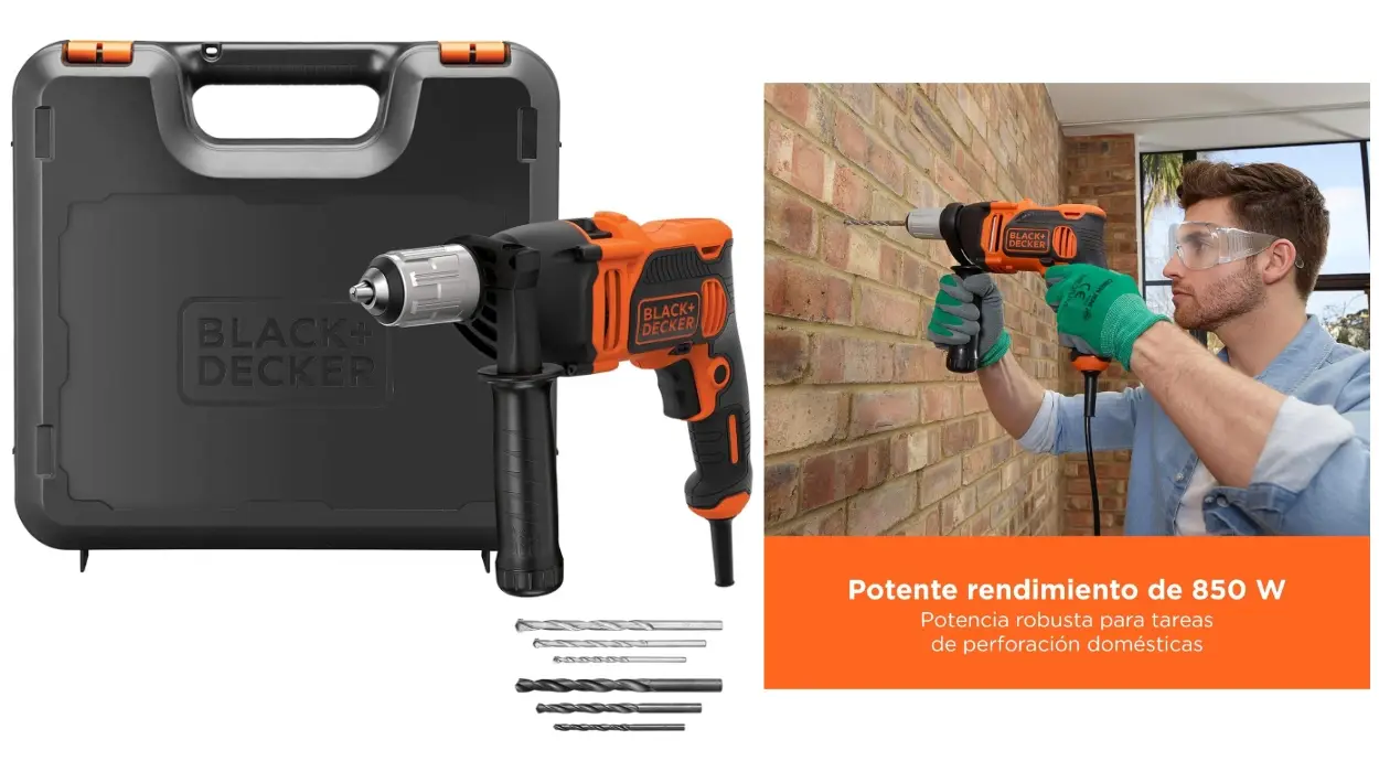 Taladro percutor BLACK+DECKER de 850W con velocidad variable, bloqueo del eje, 6 brocas y maletín