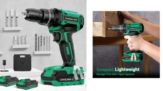 taladro percutor inalámbrico con 2 baterías, maletín y 14 accesorios