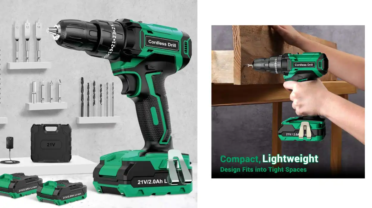 taladro percutor inalámbrico con 2 baterías, maletín y 14 accesorios