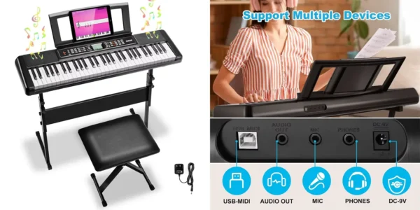 Teclado digital de 61 teclas con soporte y asiento