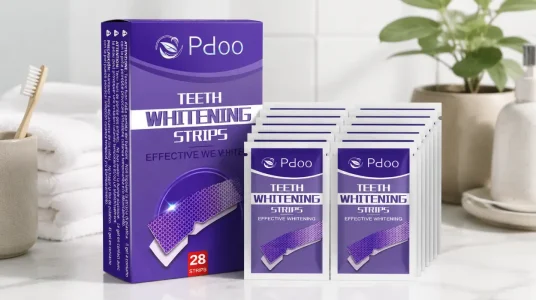 Kit blanqueador dental profesional con tiras moradas para resultados rápidos y seguros para el esmalte