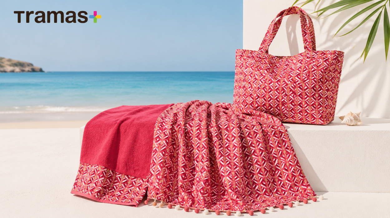Disfruta del verano con el conjunto playero Tramas+ Eloina Marsala: toalla, pareo y bolso a juego