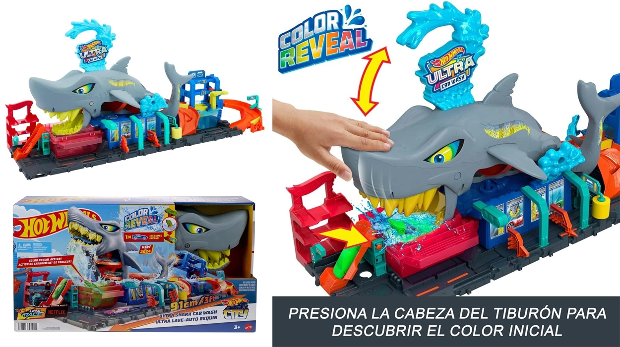 túnel de lavado de coches con tiburón Hot Wheels City “Let's Race - ¡a correr!”