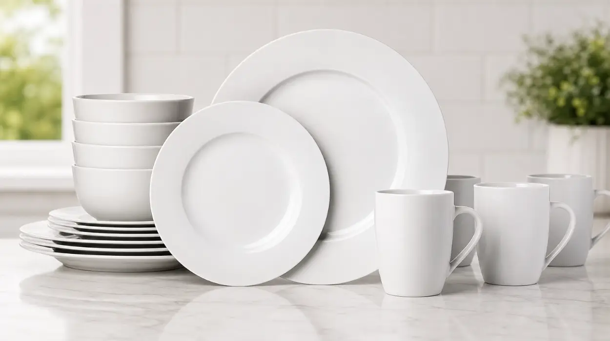 Vajilla Amazon Basics de 16 piezas para 4 personas
