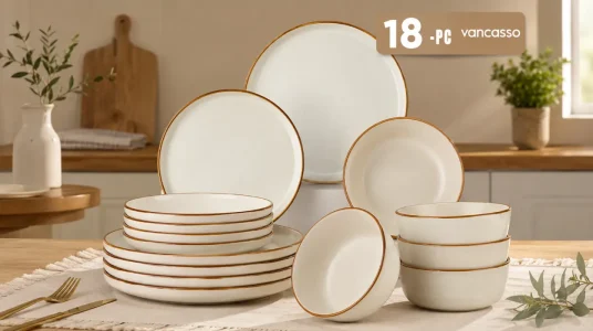 Vajilla completa de 18 piezas Vancasso RENO para 6 personas, esmaltado reactivo en beige claro