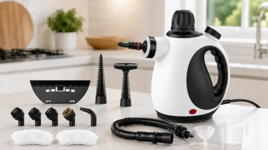 Vaporeta de mano multiusos con 14 accesorios y cierre de seguridad para limpieza del hogar
