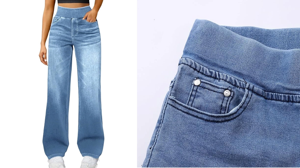 vaqueros Baggy con cintura alta elástica para mujer