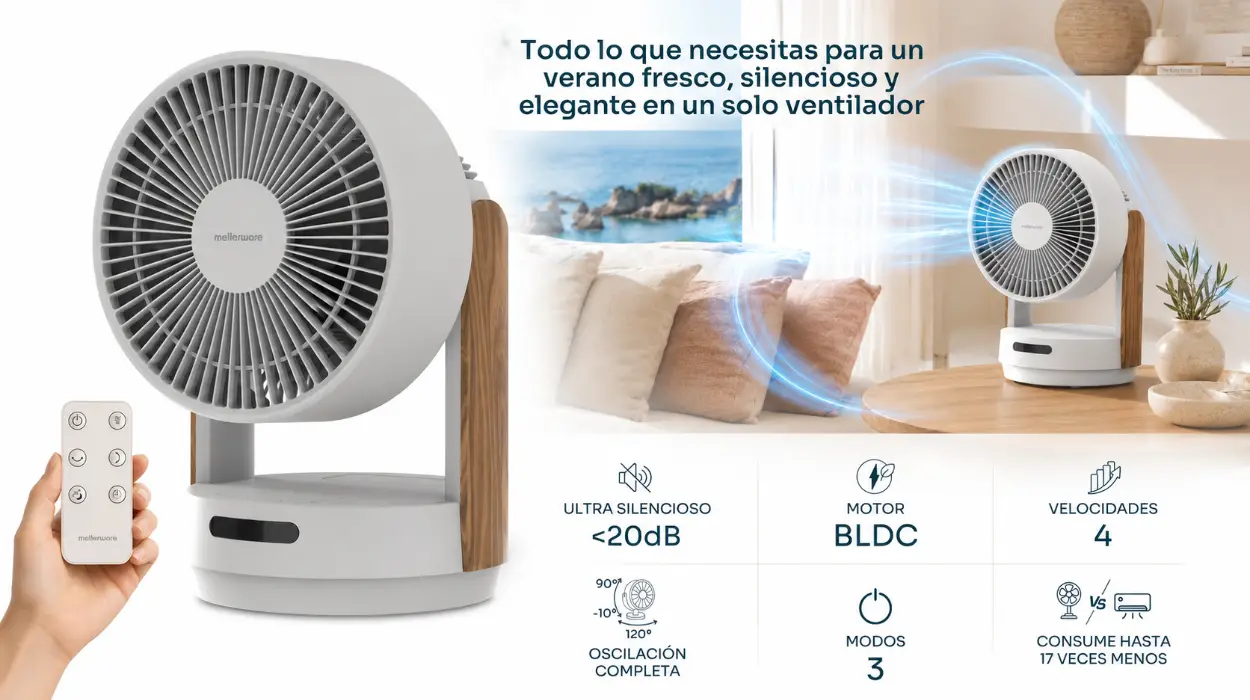 Ventilador de mesa silencioso Mellerware Brizy Desk 360 Silence con motor BLDC, oscilación 360° y mando