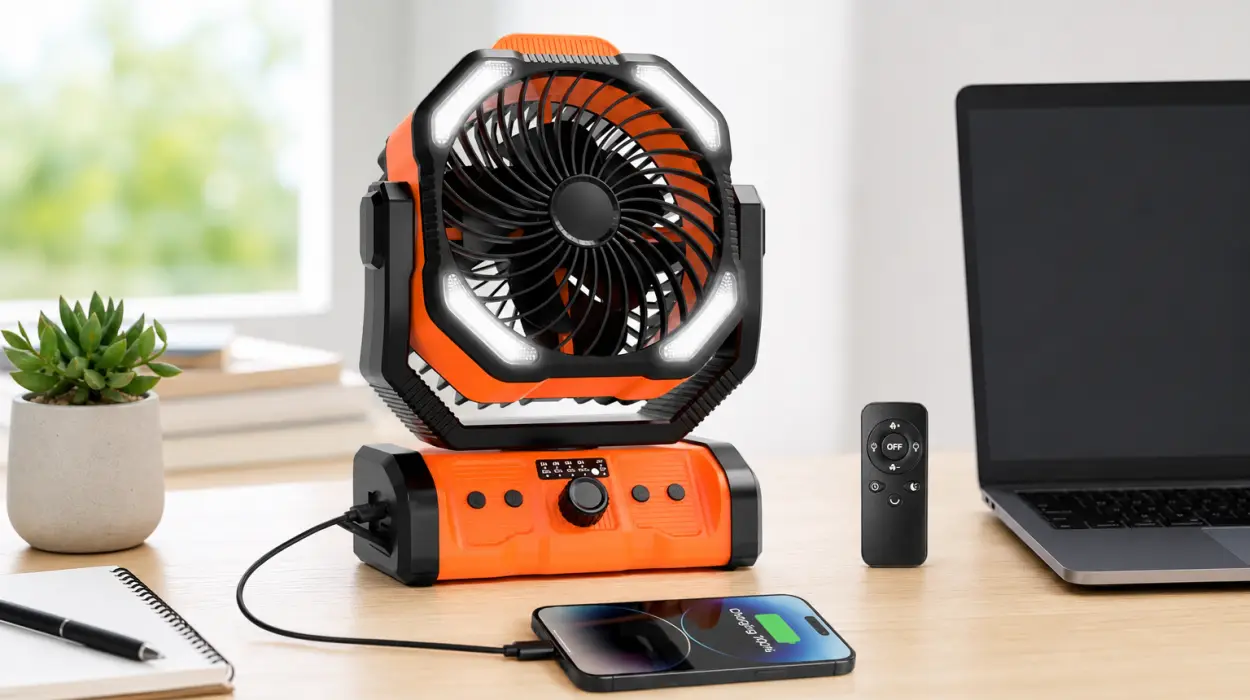 Ventilador de camping recargable de 20000mAh con luz LED y mando