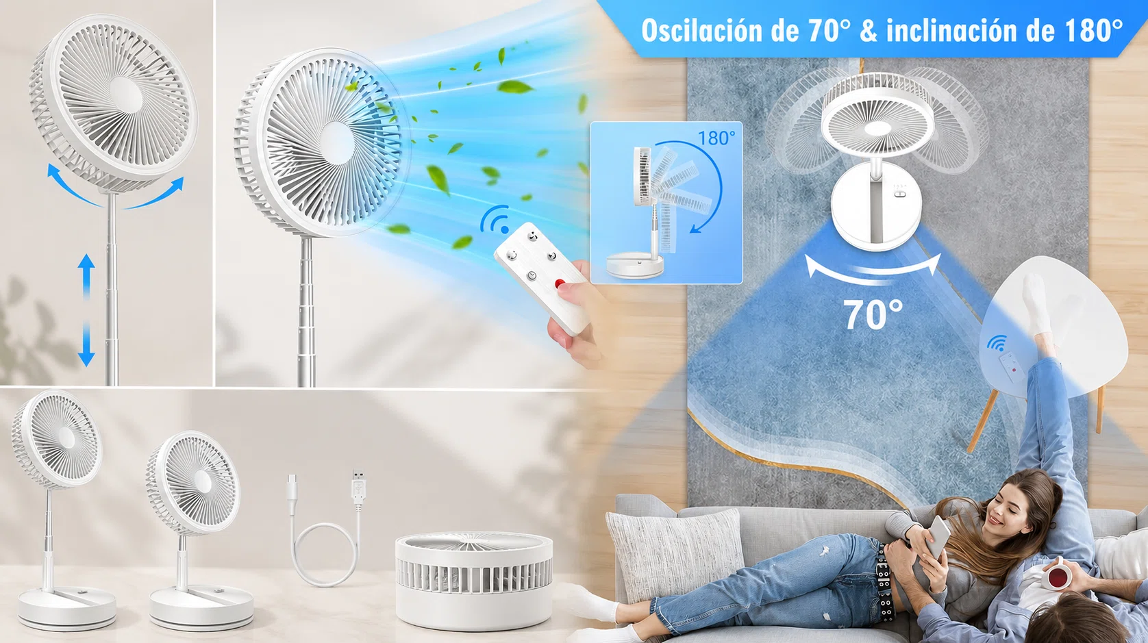 Ventilador de pie portátil plegable de 40 a 100 cm con batería recargable USB C