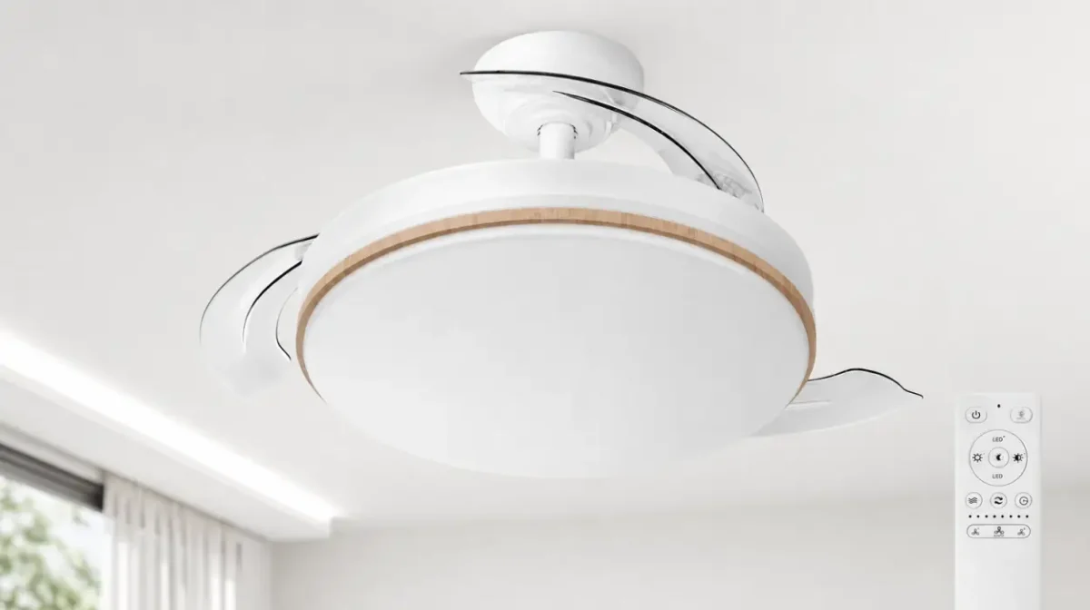 Ventilador de techo con luz LED, aspas retráctiles y mando a distancia