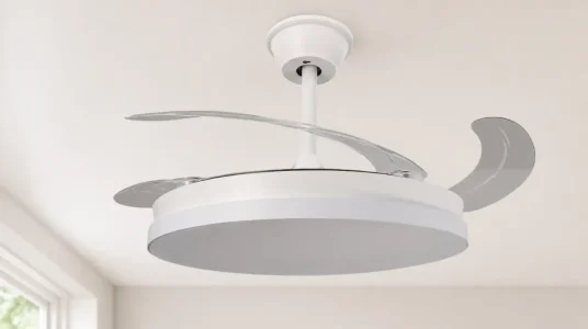 Ventilador de techo LED con motor DC, aspas retráctiles y control remoto