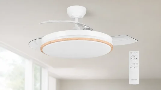 Ventilador de techo LEDUNI con luz LED, mando y aspas retráctiles