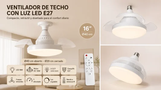 Ventilador de techo MARSI con luz LED y 3 aspas retráctiles
