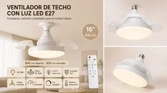 Ventilador de techo MARSI con luz LED y 3 aspas retráctiles