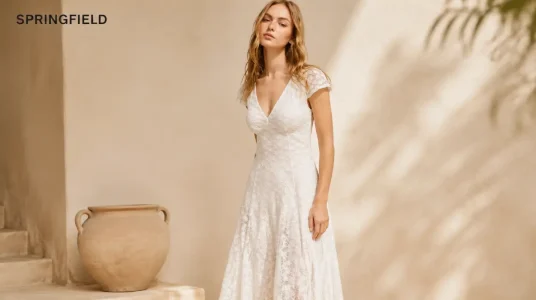 Vestido midi con cuello en V y encaje