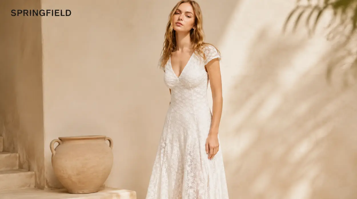 Vestido Springfield midi con cuello en V y encaje