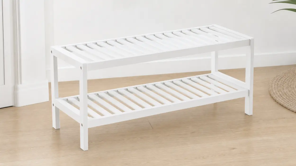 Zapatero Songmics de bambú blanco, 2 niveles y 26 x 70 x 33 cm