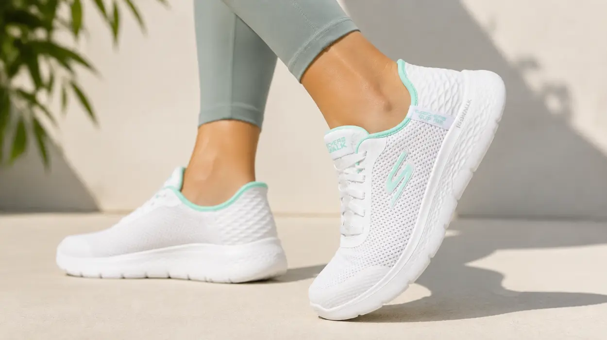 Zapatillas Slip-Ins Skechers GO Walk Flex Grand Entry para mujer en color blanco con detalles verdes